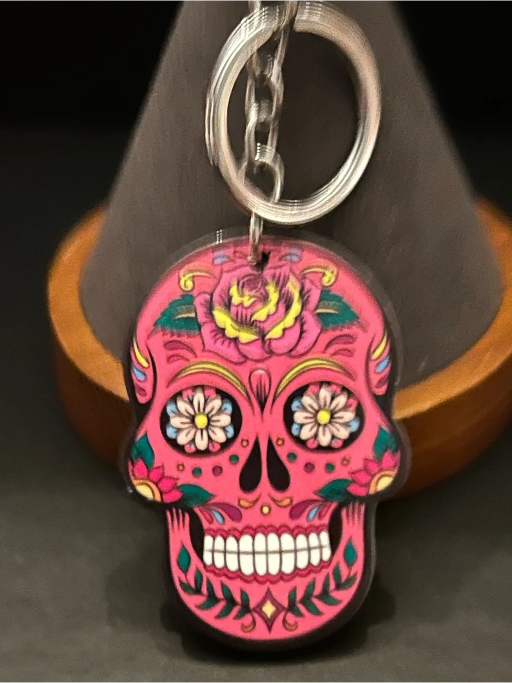 Colorful Floral Sugar Skull Acrylic Bag Charm Keychain in Assorted Colors NWT